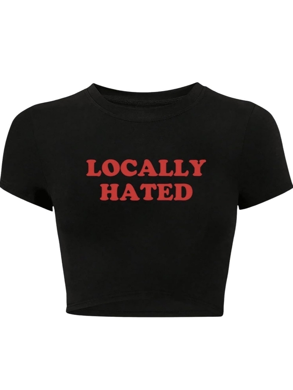Amazon Black Crop Top with Red "LOCALLY HATED" Graphic